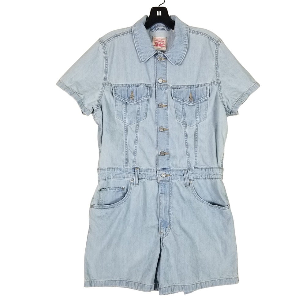 Levi Denim Romper Womens Large Light Blue Button Front Short Sleeve Cotton